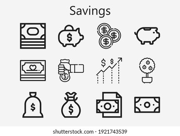 Premium set of savings [S] icons. Simple savings icon pack. Stroke vector illustration on a white background. Modern outline style icons collection of Money, Coin, Money tree, Piggy bank, Cash