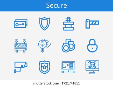 Premium Set Of Secure Line Icons. Simple Secure Icon Pack. Stroke Vector Illustration On A White Background. Modern Outline Style Icons Collection Of Police Badge, Padlock, Hotel Key, Shield