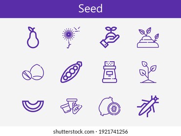 Premium set of seed line icons. Simple seed icon pack. Stroke vector illustration on a white background. Modern outline style icons collection of Peas, Kiwi, Pear, Nuts, Cone, Pepper, Grasshopper