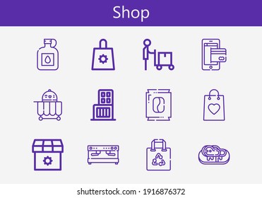 Premium set of shop line icons. Simple shop icon pack. Stroke vector illustration on a white background. Modern outline style icons collection of Food cart, Coffee machine, Canteen, Shop