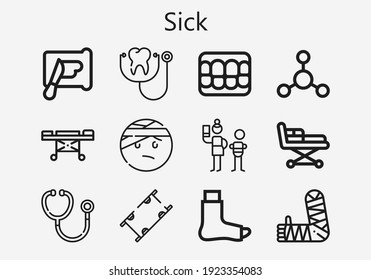 Premium set of sick [S] icons. Simple sick icon pack. Stroke vector illustration on a white background. Modern outline style icons collection of Denture, Spreading, Stethoscope, Neglect, Bacterias