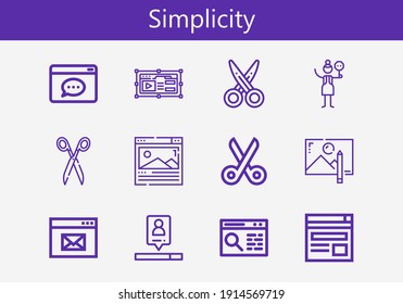 Premium-Set von Symbolen für einfache Linien. Einfaches Icon Pack mit Einfachheit. Schlagt Vektorgrafik auf weißem Hintergrund. Kollektion moderner Kontursymbole für Zeichnungen, Scheren, Suchmaschine, Überqueren