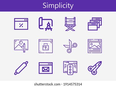 Premium set of simplicity line icons. Simple simplicity icon pack. Stroke vector illustration on a white background. Modern outline style icons collection of Drawing, Scissors, Rolling pin, Browser