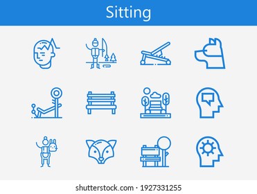 Premium set of sitting line icons. Simple sitting icon pack. Stroke vector illustration on a white background. Modern outline style icons collection of Bench, Ice fishing, Stuffed animal