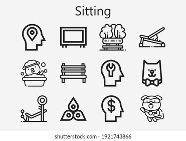 Premium set of sitting [S] icons. Simple sitting icon pack. Stroke vector illustration on a white background. Modern outline style icons collection of Bench, Chakra, Mind, Cat, Big screen, Dog