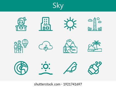 Premium set of sky line icons. Simple sky icon pack. Stroke vector illustration on a white background. Modern outline style icons collection of Mountains, Hot air balloon, Beach, Golf, Skyscraper