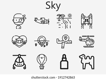 Premium set of sky [S] icons. Simple sky icon pack. Stroke vector illustration on a white background. Modern outline style icons collection of Hot air balloon, Beach, Airplane, Helicopter, Drops