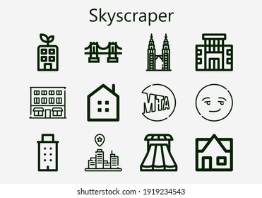 Premium set of skyscraper [S] icons. Simple skyscraper icon pack. Stroke vector illustration on a white background. Modern outline style icons collection of Building, Brooklyn bridge, New york