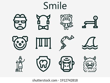 Premium set of smile [S] icons. Simple smile icon pack. Stroke vector illustration on a white background. Modern outline style icons collection of Brace, Devil, Frankenstein, Monster, Swing