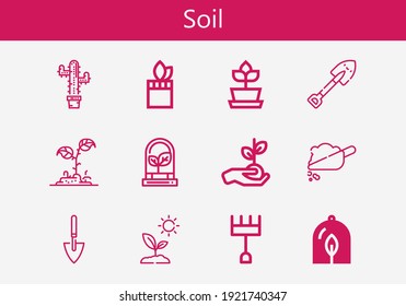 Premium set of soil line icons. Simple soil icon pack. Stroke vector illustration on a white background. Modern outline style icons collection of Plant, Shovel, Soil, Plants, Sprout, Rake