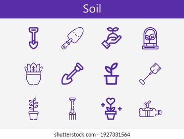 Premium set of soil line icons. Simple soil icon pack. Stroke vector illustration on a white background. Modern outline style icons collection of Plant, Shovel, Pitchfork