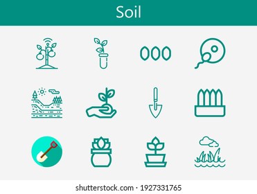 Premium set of soil line icons. Simple soil icon pack. Stroke vector illustration on a white background. Modern outline style icons collection of Plant, Seeds, Shovel, Fertilization