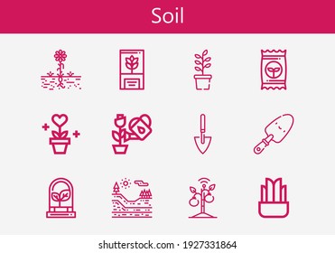 Conjunto de iconos de línea de suelo premium. Paquete simple de iconos de suelo. Ilustración vectorial de trazo sobre un fondo blanco. Colección de iconos de estilo de contorno moderno de planta, pala, geología