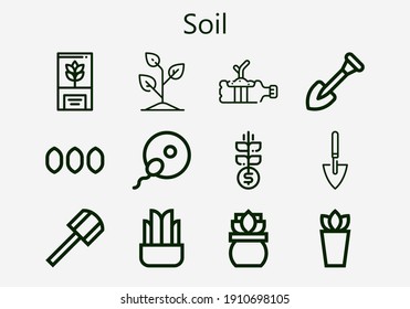 Premium set of soil [S] icons. Simple soil icon pack. Stroke vector illustration on a white background. Modern outline style icons collection of Grow, Plant, Shovel, Seeds, Fertilization, Sprout