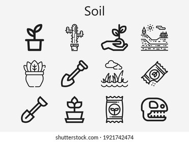 Premium set of soil [S] icons. Simple soil icon pack. Stroke vector illustration on a white background. Modern outline style icons collection of Plant, Shovel, Seeds, Geology, Seed, Lawn