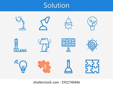 Premium set of solution line icons. Simple solution icon pack. Stroke vector illustration on a white background. Modern outline style icons collection of Puzzle, Idea, Lamp, Plunger, Solar panel