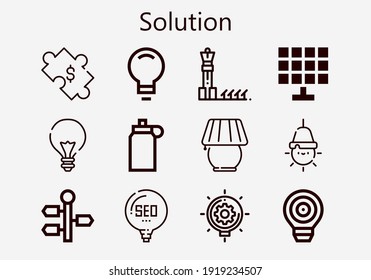 Premium set of solution [S] icons. Simple solution icon pack. Stroke vector illustration on a white background. Modern outline style icons collection of Puzzle, Idea, Signpost, Isotonic, Lamp