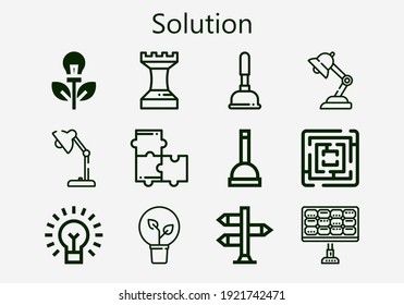 Conjunto premium de iconos de solución [S]. Paquete de iconos de solución simple. Ilustración vectorial de trazo sobre un fondo blanco. Iconos de estilo de contorno moderno colección de energía verde, rompecabezas, ideas, señales