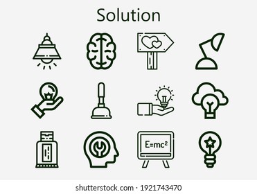 Premium set of solution [S] icons. Simple solution icon pack. Stroke vector illustration on a white background. Modern outline style icons collection of Formula, Brain, Idea, Sunblock, Signpost