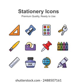 Un conjunto premium de iconos de papelería, ideal para representar escritura, dibujo y material de oficina