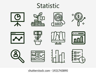 Premium-Satz statistischer [S] Symbole. Einfache Statistik Icon Pack. Schlagt Vektorgrafik auf weißem Hintergrund. Sammlung moderner Konturen von Symbolen für den Stil von Graph, Wachstum, Statistiken, Forschung, Analytik