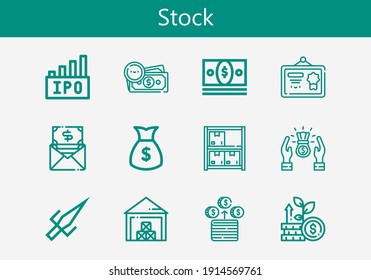 Premium set of stock line icons. Simple stock icon pack. Stroke vector illustration on a white background. Modern outline style icons collection of Money, Diploma, Growth, Ipo, Profit, Sai