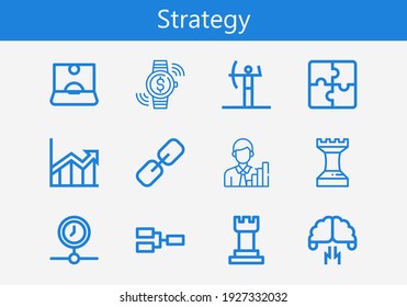 Premium set of strategy line icons. Simple strategy icon pack. Stroke vector illustration on a white background. Modern outline style icons collection of Chess, Brainstorming