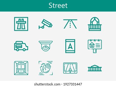 Premium Set Of Street Line Icons. Simple Street Icon Pack. Stroke Vector Illustration On A White Background. Modern Outline Style Icons Collection Of Motion, British Museum, Balcony