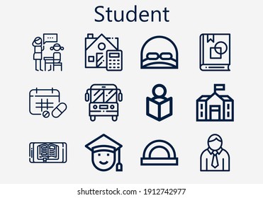 Premium set of student [S] icons. Simple student icon pack. Stroke vector illustration on a white background. Modern outline style icons collection of Art book, Read, School, Cap, School bus, Ebook