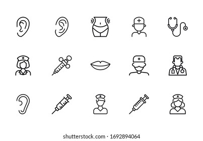 Conjunto de iconos de línea de cirugía de primera calidad. Símbolos web para sitios web y aplicaciones móviles. Símbolos vectoriales modernos, aislados en un fondo blanco. Sencillas señales de línea delgada.