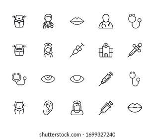 Conjunto de iconos de línea de cirugía de primera calidad. Símbolos web para sitios web y aplicaciones móviles. Símbolos vectoriales modernos, aislados en un fondo blanco. Sencillas señales de línea delgada.