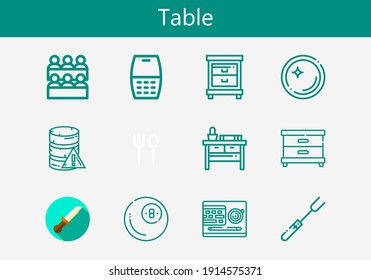 Premium set of table line icons. Simple table icon pack. Stroke vector illustration on a white background. Modern outline style icons collection of Knife, Fork, Classroom, Database, Desk