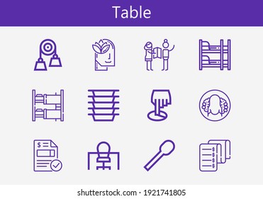Premium set of table line icons. Simple table icon pack. Stroke vector illustration on a white background. Modern outline style icons collection of Office, Invoice, Relax, Position, Spoon