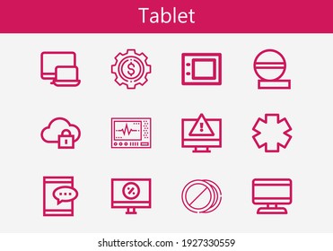 Premium set of tablet line icons. Simple tablet icon pack. Stroke vector illustration on a white background. Modern outline style icons collection of Clinic, Responsive, Cloud computing