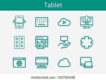 Premium set of tablet line icons. Simple tablet icon pack. Stroke vector illustration on a white background. Modern outline style icons collection of Clinic, Responsive, Cloud computing