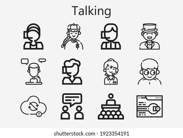 Juego premium de iconos que hablan [S]. Paquete de iconos de conversación simple. Ilustración vectorial de trazo sobre un fondo blanco. Moderna colección de iconos de estilo de contorno de Call center, Support, Man, Talk, Sync