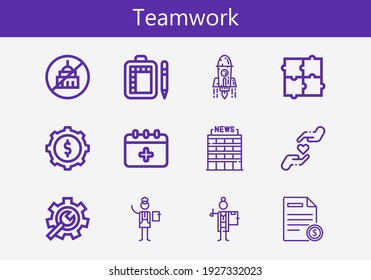 Juego premium de iconos de línea de trabajo en equipo. Paquete de iconos de trabajo en equipo simple. Ilustración vectorial de trazo sobre un fondo blanco. Colección de iconos de estilo de contorno moderno de Office, rompecabezas