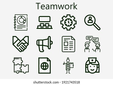 Premium set of teamwork [S] icons. Simple teamwork icon pack. Stroke vector illustration on a white background. Modern outline style icons collection of Puzzle, Projection, Conversation, Doctor