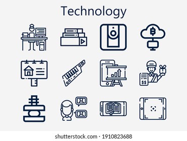 Conjunto premium de iconos de tecnología [S]. Paquete de iconos de tecnología simple. Ilustración vectorial de trazo sobre un fondo blanco. Colección de iconos de estilo de contorno moderno de Mining, Ebook, Programmer, Keytar