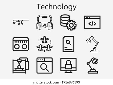 Conjunto premium de iconos de tecnología [S]. Paquete de iconos de tecnología simple. Ilustración vectorial de trazo sobre un fondo blanco. Moderna colección de iconos de estilo de contorno de Padlock, lámpara de escritorio, servidor, Codificación