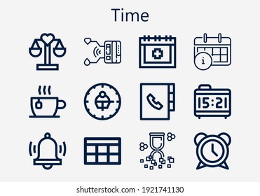 Premium set of time icons. Simple time icon pack. Stroke vector illustration on a white background. Modern outline style icons collection of Alarm clock, Alarm, Calendar, Hourglass, Agenda