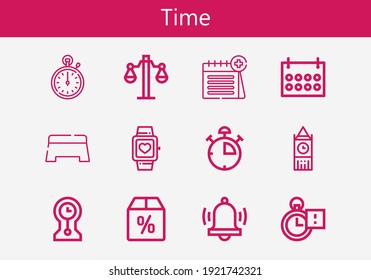 Premium set of time line icons. Simple time icon pack. Stroke vector illustration on a white background. Modern outline style icons collection of Stop watch, Offer, Alarm, Calendar, Stopwatch