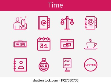 Premium-Set von Zeitlinien-Symbolen. Einfache Zeit Icon Pack. Schlagt Vektorgrafik auf weißem Hintergrund. Moderne Symbole im Umrissstil Sammlung Fluginformationen, Lebensdauer