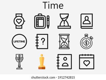 Premium set of time [S] icons. Simple time icon pack. Stroke vector illustration on a white background. Modern outline style icons collection of Lifetime, Contacts, Calendar, Schedule, Stopwatch
