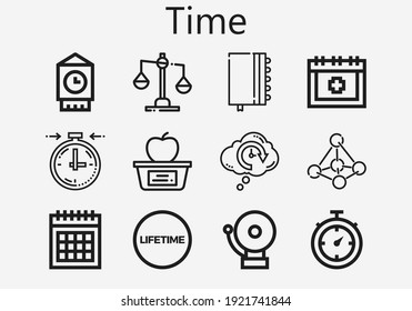 Premium Set Of Time [S] Icons. Simple Time Icon Pack. Stroke Vector Illustration On A White Background. Modern Outline Style Icons Collection Of Lifetime, Precognition, Alarm, Calendar, Big Ben