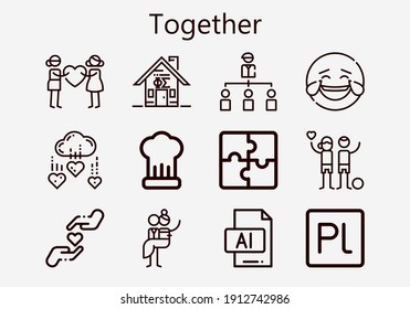 Premium set of together [S] icons. Simple together icon pack. Stroke vector illustration on a white background. Modern outline style icons collection of Prelude, Group, Cooking, Puzzle, Illustrator