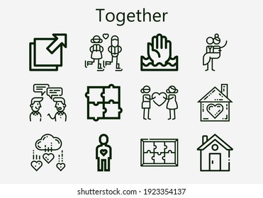 Premium set of together [S] icons. Simple together icon pack. Stroke vector illustration on a white background. Modern outline style icons collection of Foreign, Puzzle, Help, Friend, Couple