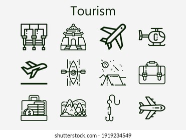 Premium set of tourism [S] icons. Simple tourism icon pack. Stroke vector illustration on a white background. Modern outline style icons collection of Hook, Airplane, Helicopter, Take off, Kayak
