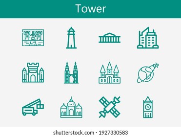 Premium Set Of Tower Line Icons. Simple Tower Icon Pack. Stroke Vector Illustration On A White Background. Modern Outline Style Icons Collection Of Petronas, British Museum, Skyscraper