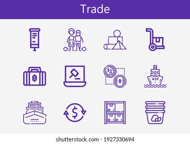 Premium set of trade line icons. Simple trade icon pack. Stroke vector illustration on a white background. Modern outline style icons collection of Slavery, Cargo, Roll up